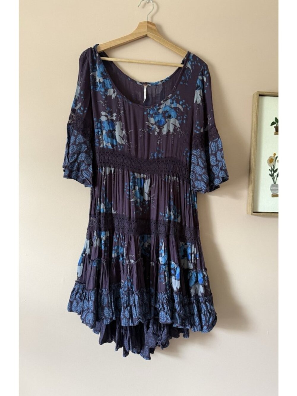 Free People Dream Cloud Lace Floral Tiered Mini Dress Flowy Cottagecore Boho M